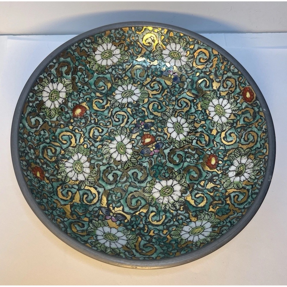 Vintage A.C.F. Bowl 7.75" Porcelain Pewter Rim Floral Cloisonné Style Hong Kong